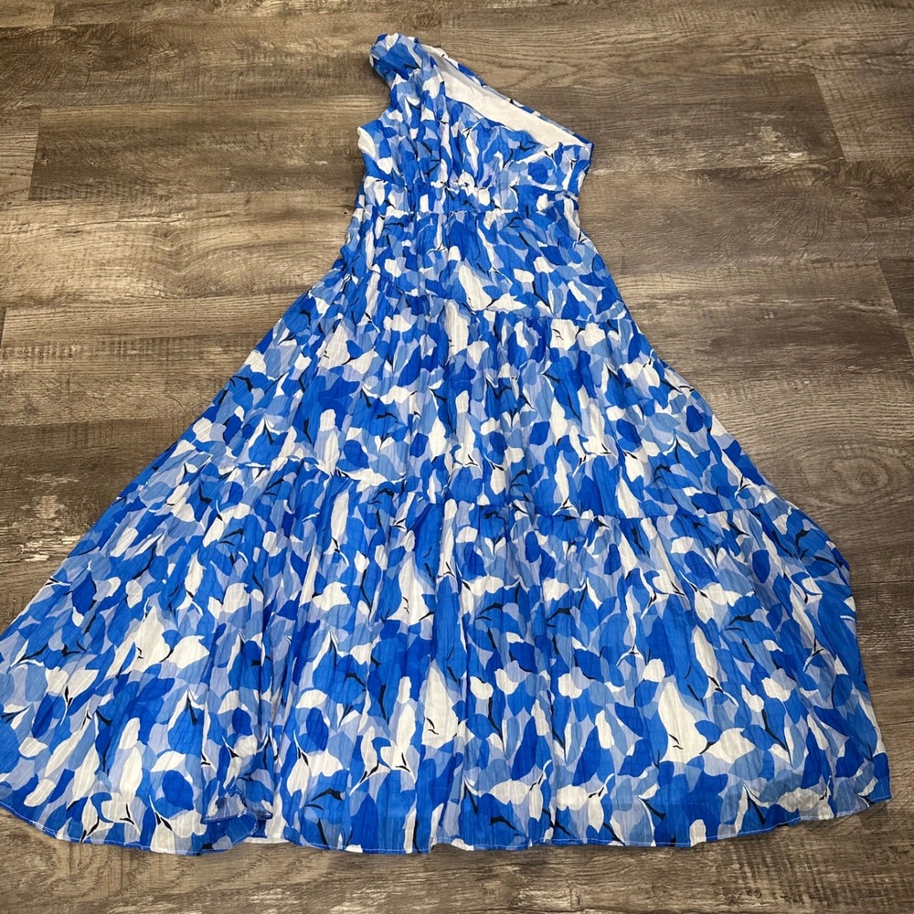Billy J Jayda Maxi Dress Blue Floral One Shoulder Tiered Wedding Guest Size 10 - Picture 2 of 14